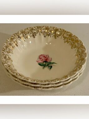 American Limoges Le Fleur Rouge Bowls Set 3 22K Gold Pink Rose USA Vintage Charm